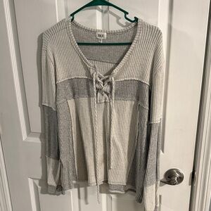 BKE Cream and Gray Lace-Up Knit Sweater
